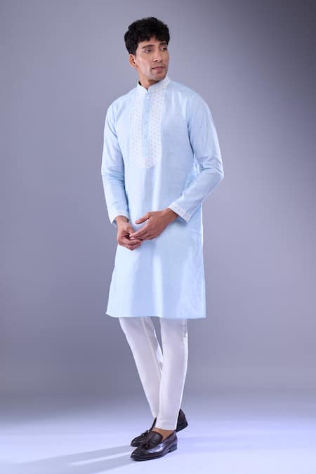 Shop Aariyana Couture Blue Cotton Embroidery Geometric Placket Kurta Online at Aza Fashions Shop_Aariyana Couture_Blue Cotton Embroidery Geometric Placket Kurta _Online_at_Aza_Fashions
