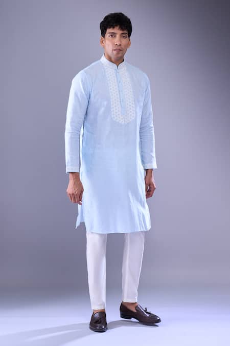 Aariyana Couture Blue Cotton Embroidery Geometric Placket Kurta at Aza Fashions Aariyana Couture_Blue Cotton Embroidery Geometric Placket Kurta _at_Aza_Fashions