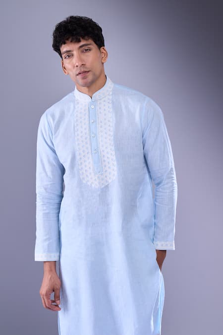 Shop Aariyana Couture Blue Cotton Embroidery Geometric Placket Kurta Shop_Aariyana Couture_Blue Cotton Embroidery Geometric Placket Kurta