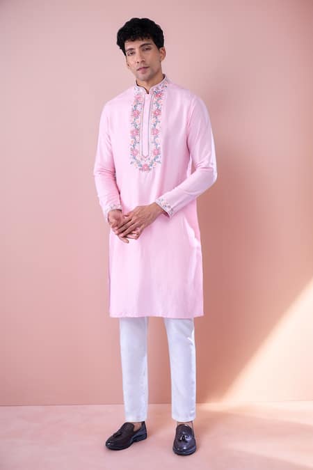 Aariyana Couture Pink Embroidered Floral Vine Kurta And Pant Set 