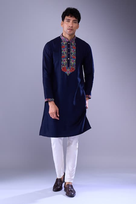 Shop Aariyana Couture Blue Cotton Embroidery Floral Navy Kurta Set Online at Aza Fashions Shop_Aariyana Couture_Blue Cotton Embroidery Floral Navy Kurta Set _Online_at_Aza_Fashions
