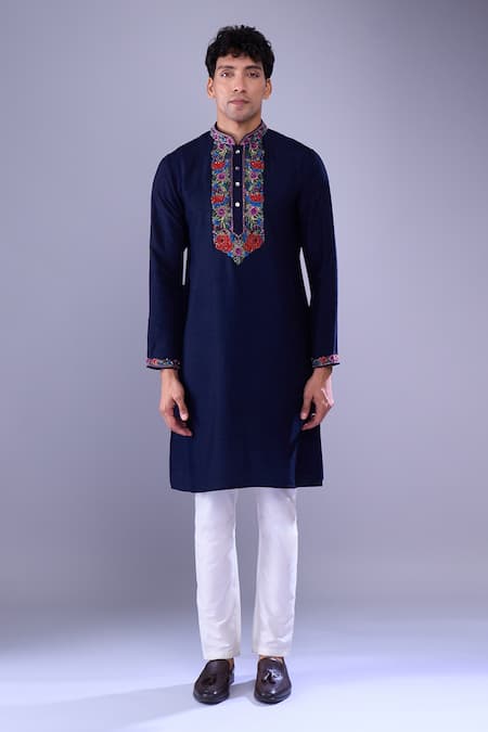 Aariyana Couture Blue Cotton Embroidery Floral Navy Kurta Set at Aza Fashions Aariyana Couture_Blue Cotton Embroidery Floral Navy Kurta Set _at_Aza_Fashions