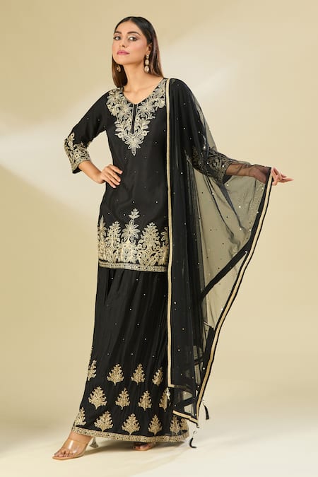 Shop_Samyukta Singhania_Black Cotton, Chiffon Zari, Sequins, Embroidery, Floral Kurta Sharara Set _Online_at_Aza_Fashions