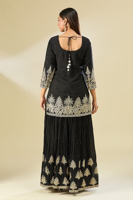 Shop_Samyukta Singhania_Black Cotton, Chiffon Zari, Sequins, Embroidery, Floral Kurta Sharara Set _at_Aza_Fashions