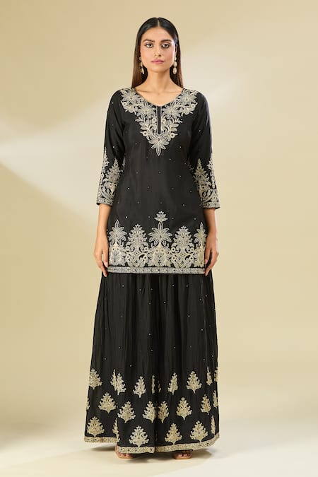 Buy_Samyukta Singhania_Black Cotton, Chiffon Zari, Sequins, Embroidery, Floral Kurta Sharara Set 