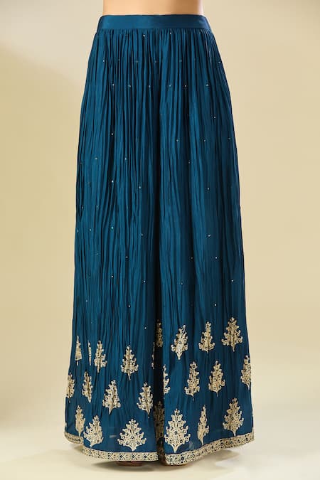 Samyukta Singhania_Blue Cotton, Georgette, Chiffon Sequins, Floral Embroidered Kurta Sharara Set _Online_at_Aza_Fashions