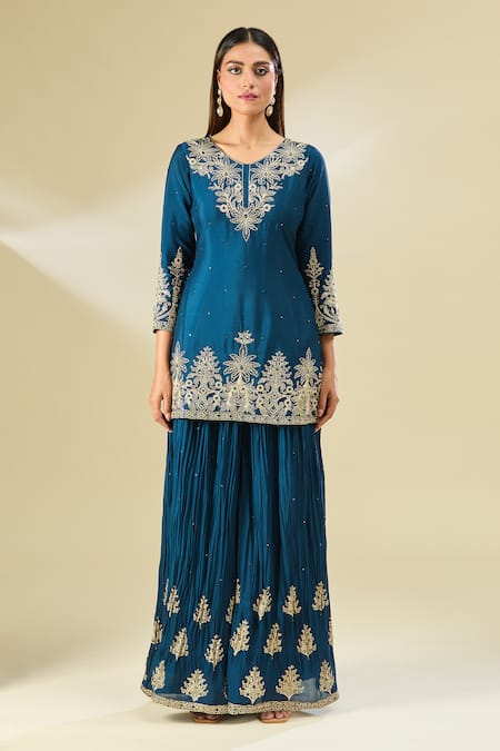 Buy_Samyukta Singhania_Blue Cotton, Georgette, Chiffon Sequins, Floral Embroidered Kurta Sharara Set _Online_at_Aza_Fashions