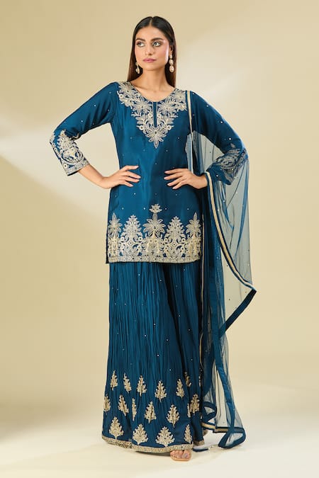 Shop_Samyukta Singhania_Blue Cotton, Georgette, Chiffon Sequins, Floral Embroidered Kurta Sharara Set _Online_at_Aza_Fashions
