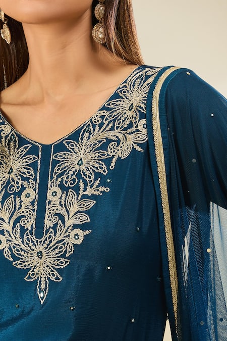Samyukta Singhania_Blue Cotton, Georgette, Chiffon Sequins, Floral Embroidered Kurta Sharara Set _at_Aza_Fashions