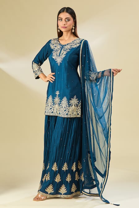 Buy_Samyukta Singhania_Blue Cotton, Georgette, Chiffon Sequins, Floral Embroidered Kurta Sharara Set 