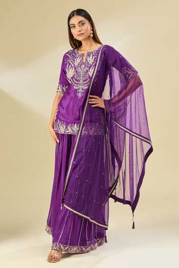 Samyukta Singhania_Purple Chiffon Embroidery Split V-neck Dori Sharara Set_Online_at_Aza_Fashions