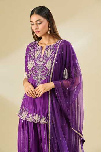 Shop_Samyukta Singhania_Purple Chiffon Embroidery Split V-neck Dori Sharara Set_Online_at_Aza_Fashions