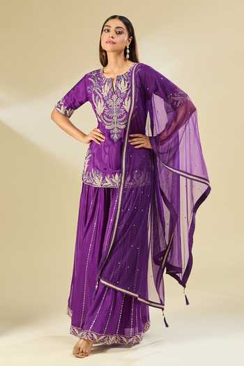 Samyukta Singhania_Purple Chiffon Embroidery Split V-neck Dori Sharara Set_at_Aza_Fashions