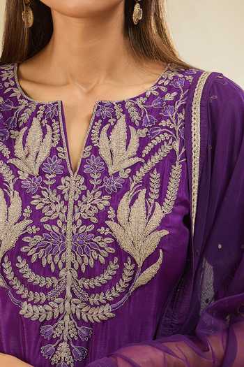 Buy_Samyukta Singhania_Purple Chiffon Embroidery Split V-neck Dori Sharara Set