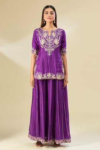 Shop_Samyukta Singhania_Purple Chiffon Embroidery Split V-neck Dori Sharara Set