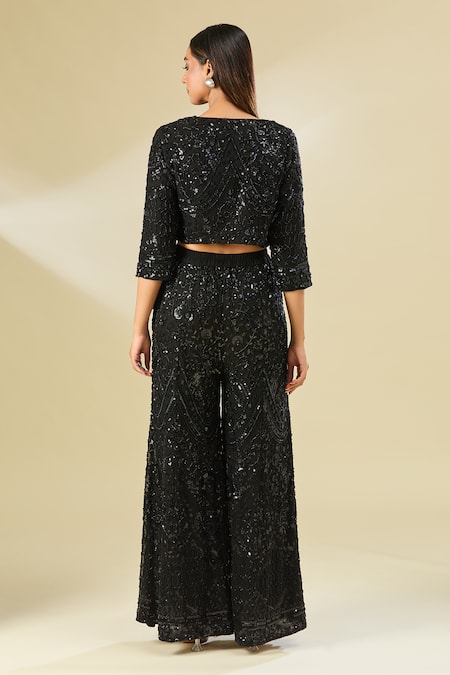 Shop Samyukta Singhania Black Silk, Cotton Beads, Sequins Open Neck, Embroidered Jacket And Palazzo Set at Aza Fashions Shop_Samyukta Singhania_Black Silk, Cotton Beads, Sequins Open Neck, Embroidered Jacket And Palazzo Set _at_Aza_Fashions