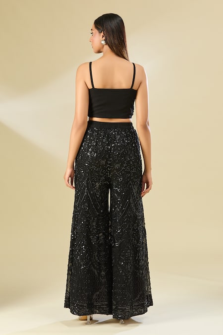 Samyukta Singhania Black Silk, Cotton Beads, Sequins Open Neck, Embroidered Jacket And Palazzo Set Online at Aza Fashions Samyukta Singhania_Black Silk, Cotton Beads, Sequins Open Neck, Embroidered Jacket And Palazzo Set _Online_at_Aza_Fashions