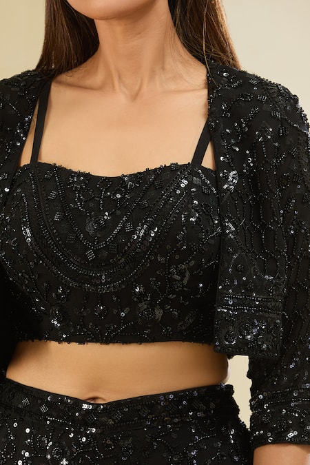 Buy Samyukta Singhania Black Silk, Cotton Beads, Sequins Open Neck, Embroidered Jacket And Palazzo Set Online at Aza Fashions Buy_Samyukta Singhania_Black Silk, Cotton Beads, Sequins Open Neck, Embroidered Jacket And Palazzo Set _Online_at_Aza_Fashions