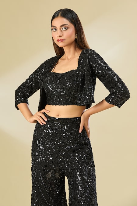 Shop Samyukta Singhania Black Silk, Cotton Beads, Sequins Open Neck, Embroidered Jacket And Palazzo Set Online at Aza Fashions Shop_Samyukta Singhania_Black Silk, Cotton Beads, Sequins Open Neck, Embroidered Jacket And Palazzo Set _Online_at_Aza_Fashions
