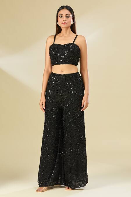 Samyukta Singhania Black Silk, Cotton Beads, Sequins Open Neck, Embroidered Jacket And Palazzo Set at Aza Fashions Samyukta Singhania_Black Silk, Cotton Beads, Sequins Open Neck, Embroidered Jacket And Palazzo Set _at_Aza_Fashions