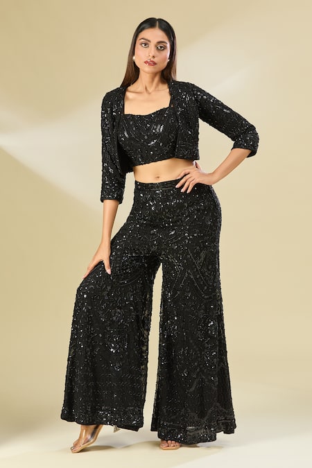 Shop Samyukta Singhania Black Silk, Cotton Beads, Sequins Open Neck, Embroidered Jacket And Palazzo Set Shop_Samyukta Singhania_Black Silk, Cotton Beads, Sequins Open Neck, Embroidered Jacket And Palazzo Set