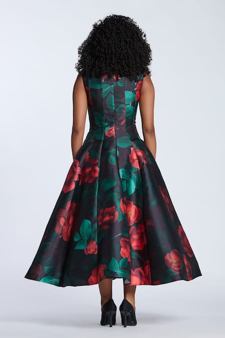Shop Gauri & Nainika Black Square Neck Rose Creeper Print Midi Dress at Aza Fashions Shop_Gauri & Nainika_Black Square Neck Rose Creeper Print Midi Dress _at_Aza_Fashions