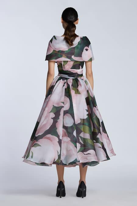 Shop_Gauri & Nainika_Pink Organza Shawl Neck Floral Print Midi Dress With Collar _at_Aza_Fashions