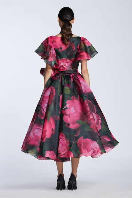 Shop Gauri & Nainika Pink Organza V-neck Blossom Print Midi Dress at Aza Fashions Shop_Gauri & Nainika_Pink Organza V-neck Blossom Print Midi Dress _at_Aza_Fashions