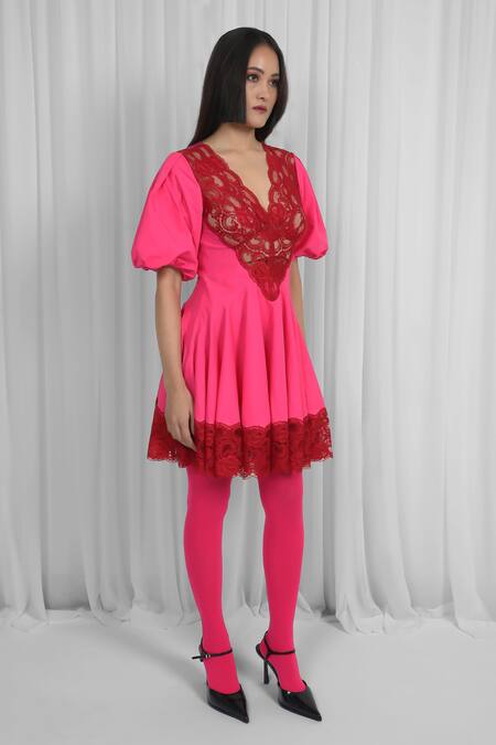 Shop_Leh Studios_Pink Cotton, Viscose Lace V-neck Panelled Dress _Online_at_Aza_Fashions