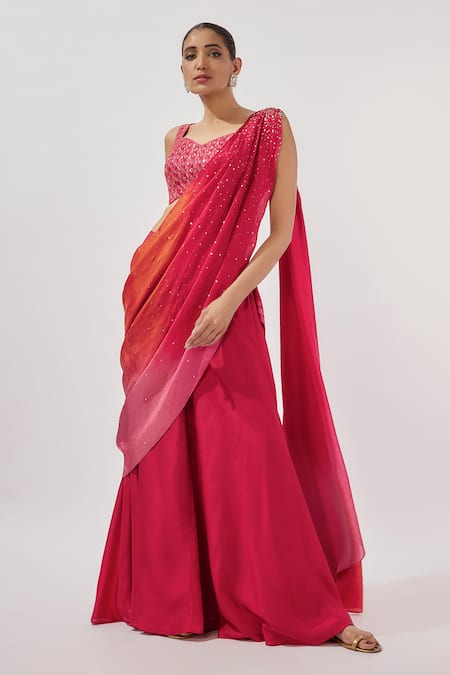 Loka by Veerali Raveshia Pink Sequin Embroidered Pre-Draped Saree Set 