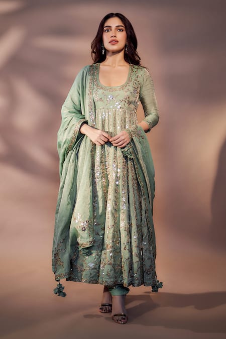 PUNIT BALANA Green Anarkali Tissue Chanderi Silk Embellished Applique Foil Pakeezah Set 