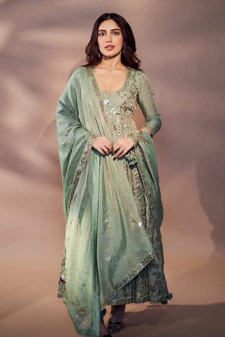 Shop_Punit Balana_Green Tissue, Chanderi Silk, Lycra, Organza Pakeezah Embellished Anarkali Set _at_Aza_Fashions