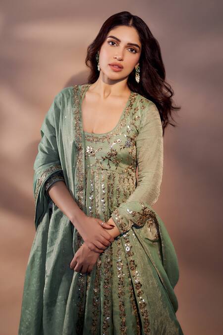 Punit Balana_Green Tissue, Chanderi Silk, Lycra, Organza Pakeezah Embellished Anarkali Set _Online_at_Aza_Fashions