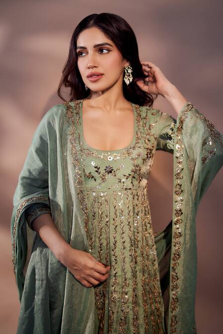 Buy_Punit Balana_Green Tissue, Chanderi Silk, Lycra, Organza Pakeezah Embellished Anarkali Set _Online_at_Aza_Fashions