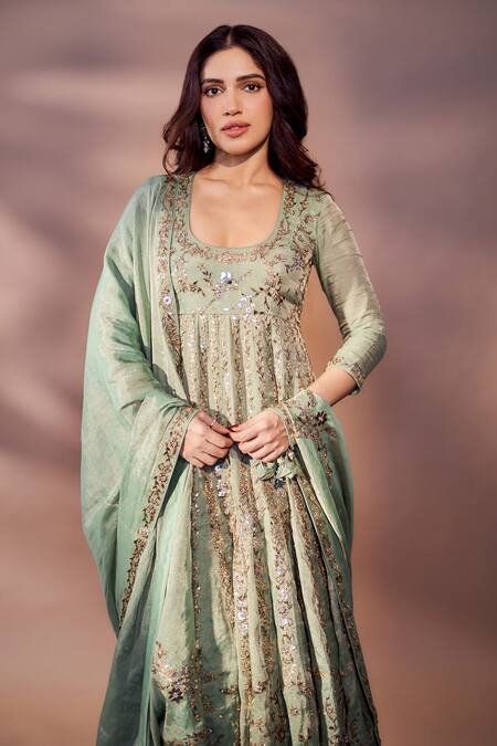 Punit Balana_Green Tissue, Chanderi Silk, Lycra, Organza Pakeezah Embellished Anarkali Set _at_Aza_Fashions