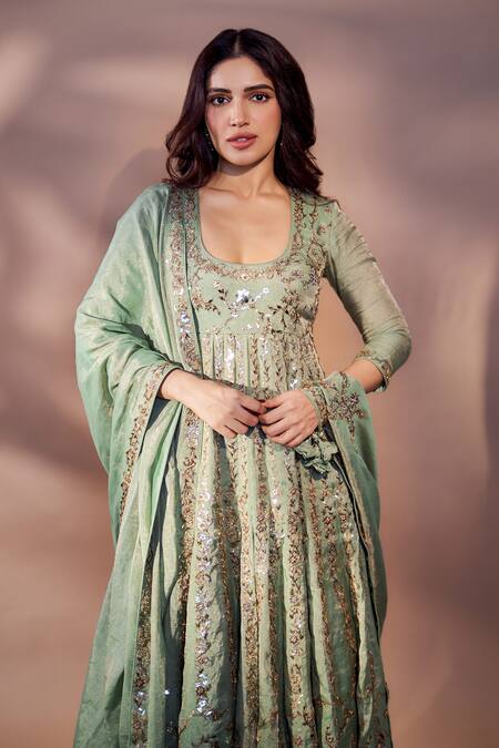 Buy_Punit Balana_Green Tissue, Chanderi Silk, Lycra, Organza Pakeezah Embellished Anarkali Set 