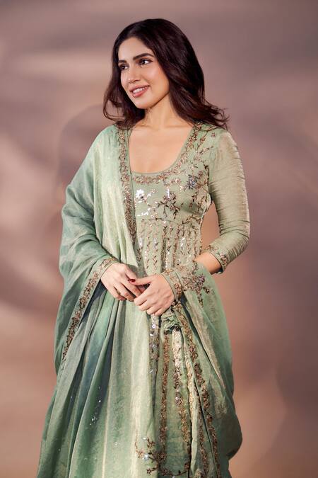 Shop_Punit Balana_Green Tissue, Chanderi Silk, Lycra, Organza Pakeezah Embellished Anarkali Set 