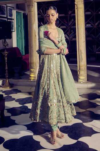 Punit Balana_Green Tissue, Chanderi Silk, Lycra, Organza Pakeezah Embellished Anarkali Set _Online_at_Aza_Fashions