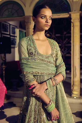 Buy_Punit Balana_Green Tissue, Chanderi Silk, Lycra, Organza Pakeezah Embellished Anarkali Set _Online_at_Aza_Fashions