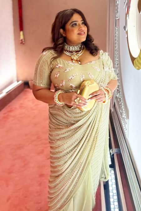 Masumi Mewawalla_Green Silk, Crepe Leaf Neck Embroidered Saree With Blouse _at_Aza_Fashions