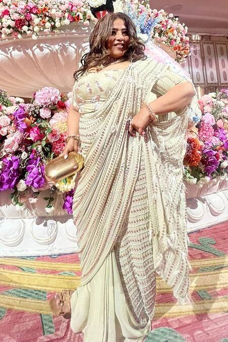 Buy_Masumi Mewawalla_Green Silk, Crepe Leaf Neck Embroidered Saree With Blouse 