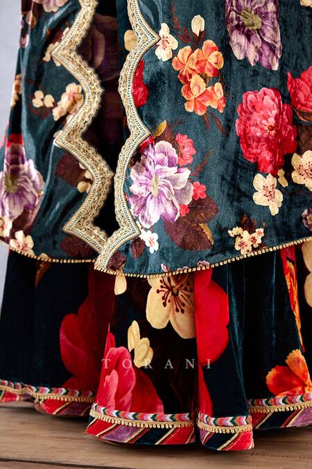 Buy_Torani_Blue Velvet And Crepe Digital Print, Shabnami Mehreen Cape & Sharara Set _Online_at_Aza_Fashions