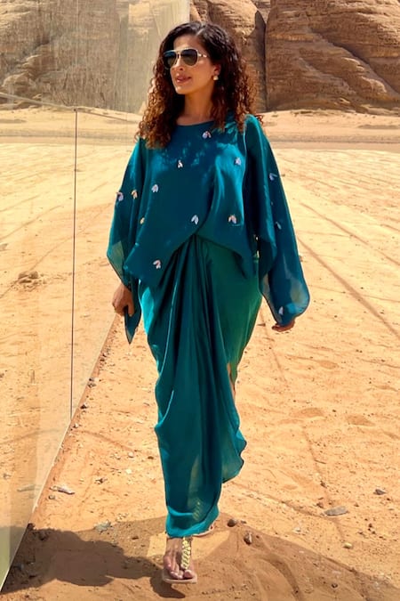 Buy Masumi Mewawalla Green Satin Embroidery Boat Neck Draped Dress Online at Aza Fashions Buy_Masumi Mewawalla_Green Satin Embroidery Boat Neck Draped Dress _Online_at_Aza_Fashions