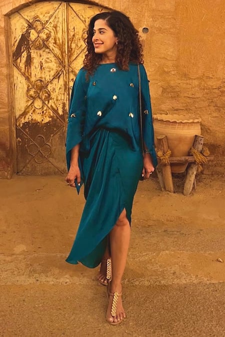 Shop Masumi Mewawalla Green Satin Embroidery Boat Neck Draped Dress Online at Aza Fashions Shop_Masumi Mewawalla_Green Satin Embroidery Boat Neck Draped Dress _Online_at_Aza_Fashions