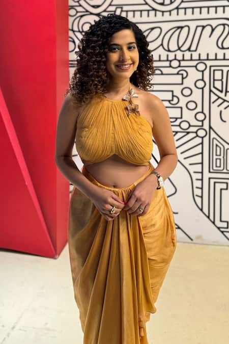 Buy_Masumi Mewawalla_Yellow Net, Gingham Embroidery Halter Neck Draped Pleated Skirt With Crop Top 