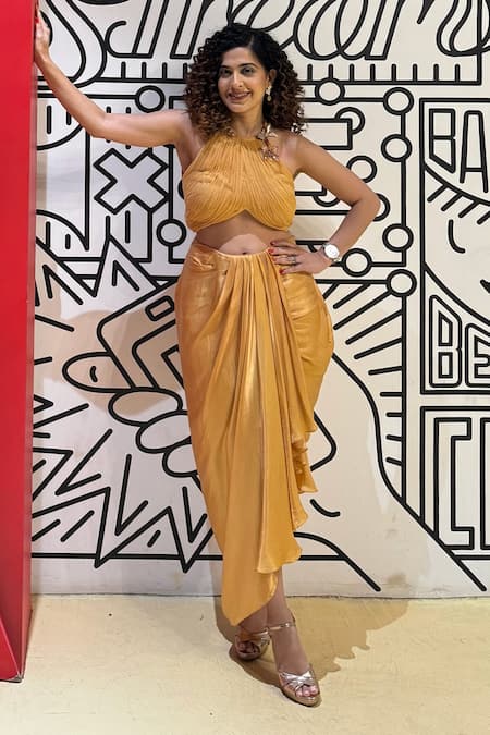 Shop Masumi Mewawalla Yellow Net, Gingham Embroidery Halter Neck Draped Pleated Skirt With Crop Top Shop_Masumi Mewawalla_Yellow Net, Gingham Embroidery Halter Neck Draped Pleated Skirt With Crop Top