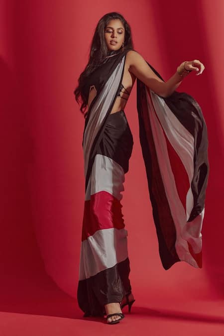 Masumi Mewawalla_Black Crepe, Linen Halter Neck Colorblock Pre-draped Saree And Blouse _at_Aza_Fashions