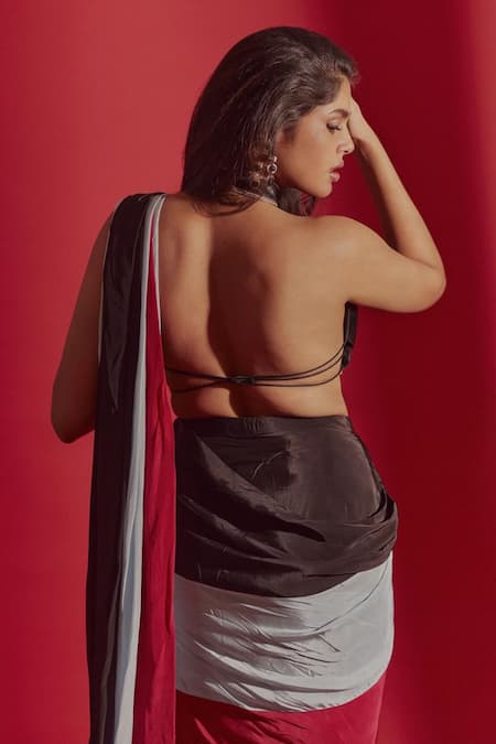 Buy_Masumi Mewawalla_Black Crepe, Linen Halter Neck Colorblock Pre-draped Saree And Blouse 