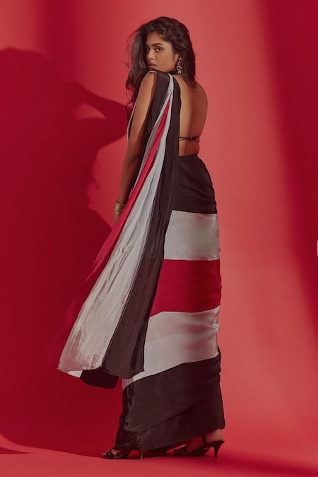 Shop_Masumi Mewawalla_Black Crepe, Linen Halter Neck Colorblock Pre-draped Saree And Blouse 