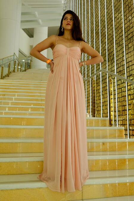 Buy_Masumi Mewawalla_Pink Silk Sweetheart Neck Pleated Yoke Embellished Strap Gown 